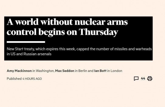 {Financial Times: Эпоха контроля над ядерным вооружением закончится 5 февраля} Молдавские Ведомости
